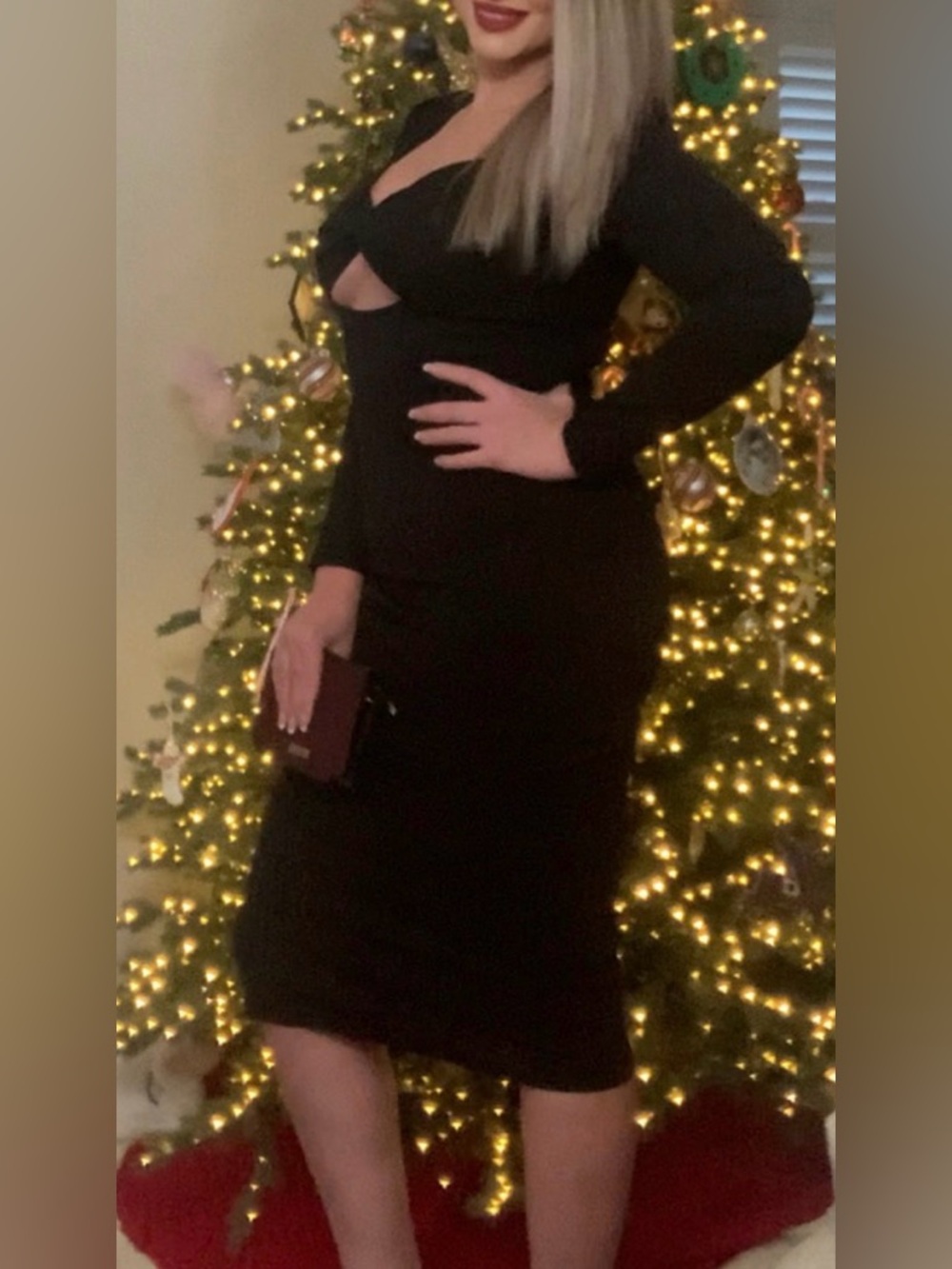 H&M Black Long-Sleeve Midi Dress with Draped Neckline, chest cut out